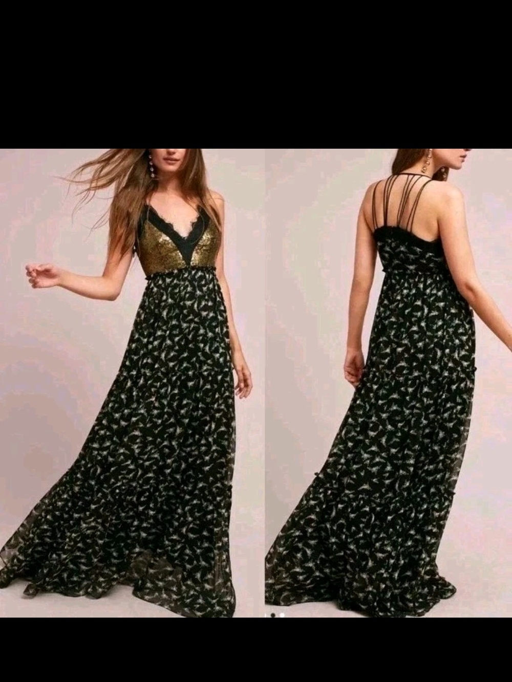 Anthropologie x Ranna Gill Lakshmi Chiffon Sequin Maxi Dress Black Floral Gown 8